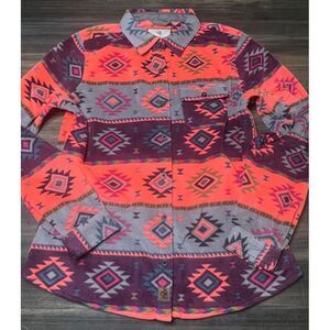 Legendary Whitetails Aztec Print Fleece Button Down Shirt Coral Purple Gray MD M